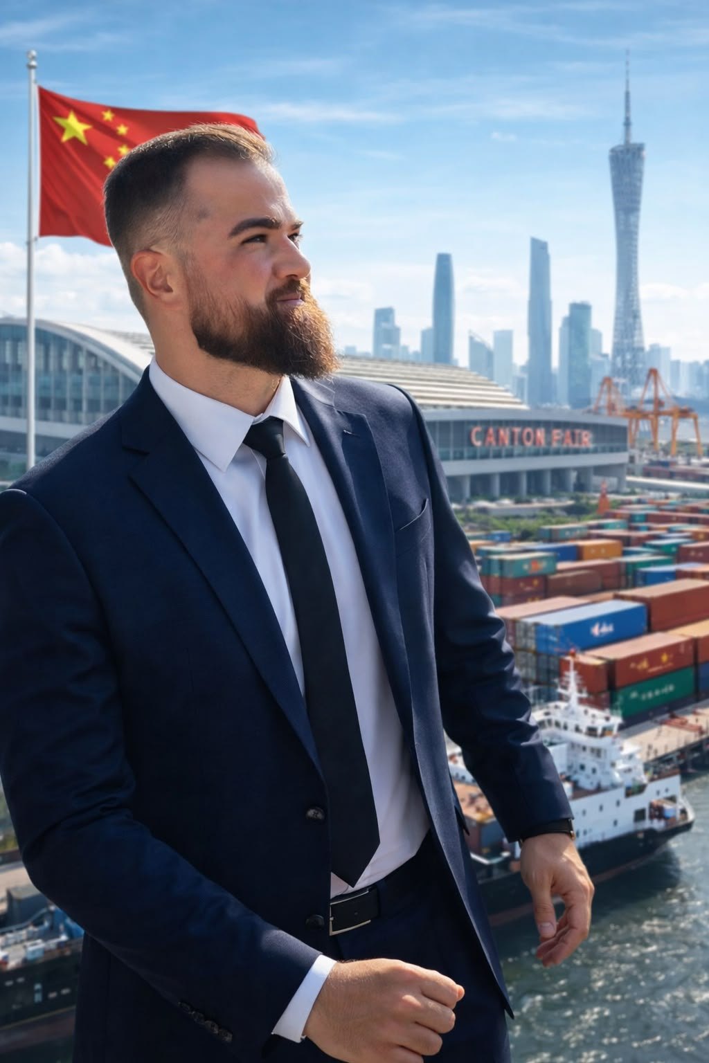 Benjamin Lechuga Junior em frente ao porto e à Canton Fair, na China